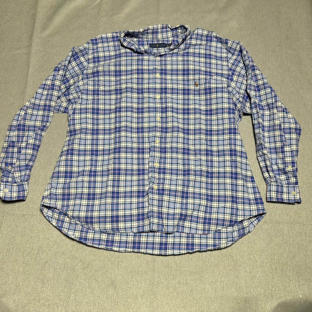 Ralph‎ Lauren Button Down Shirt Mens 2XB Blue Plaid Long Sleeve Pony Logo